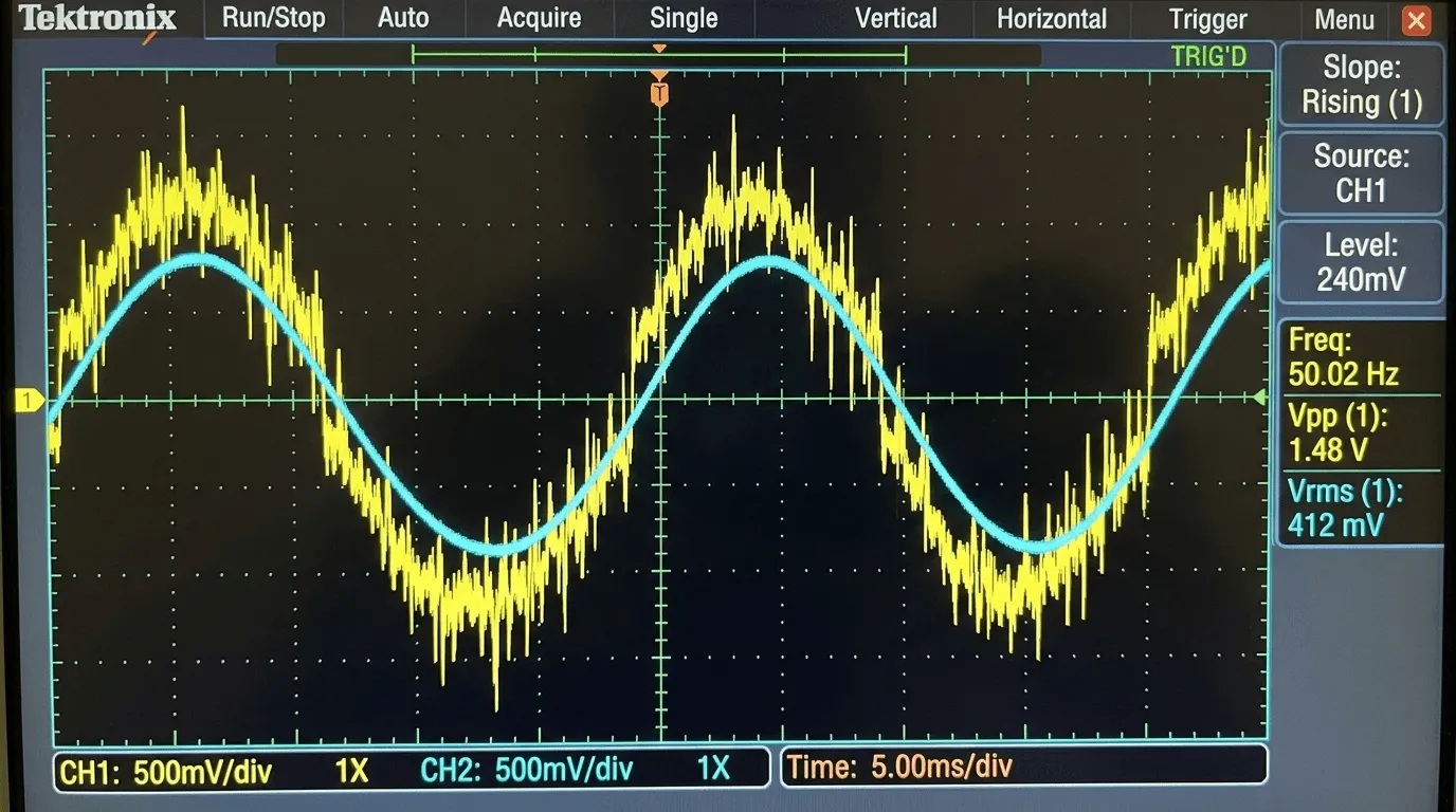 Oscilloscope Trace: Raw Switching Noise (CH1 Yellow) vs. RC Filtered AC Signal (CH2 Cyan)