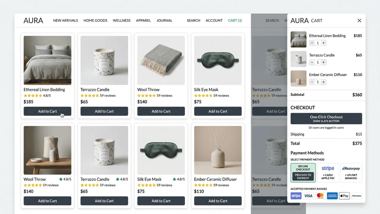 Light e-commerce storefront for Aura displaying a four-column product grid of home goods with star ratings and a slide-over shopping cart drawer with Stripe, Razorpay, and UPI payment options