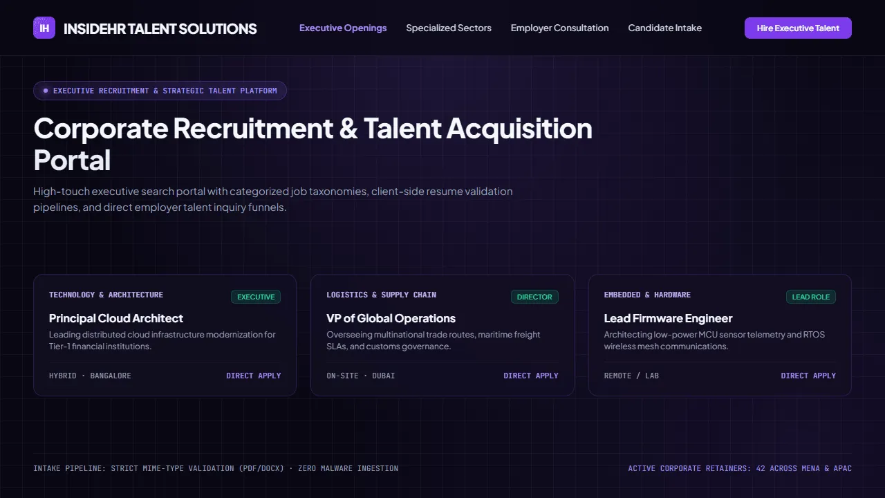 Dark purple recruitment portal for InsideHR Talent Solutions displaying top navigation and three executive job opening cards for Principal Cloud Architect, VP of Global Operations, and Lead Firmware Engineer