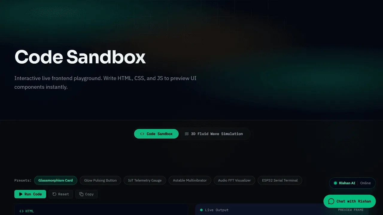 Dark Code Sandbox interface showing a tab switcher between Code Sandbox and 3D Fluid Wave Simulation, component preset buttons, a green Run Code button, and split HTML editor and live output panes